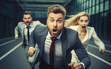 Running joyful businessman with colleagues business people having a race together in the office