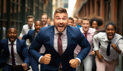 Running joyful businessman with colleagues business people having a race together in the office