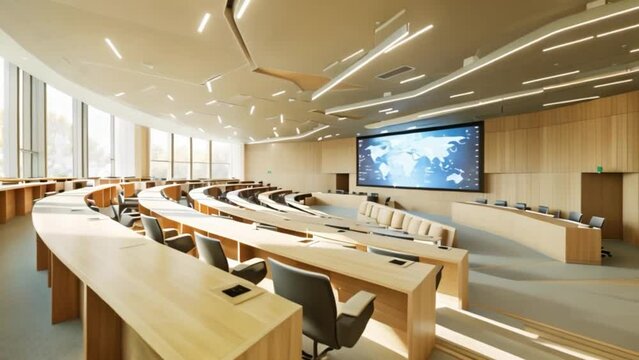 A university graduation ceremony in a large conference room with a prominent big screen on the wall.