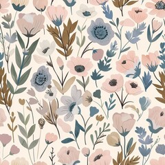 Pastel Floral Pattern with Delicate Spring Blossoms and Foliage