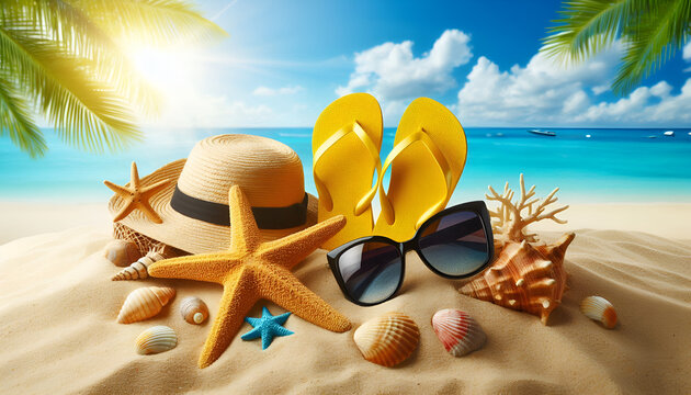 Art&iacute;culos playeros con un cielo soleado de fondo. Cholas de playa, sombrero de playa y lentes de sol. Concepto de vacaciones playeras.