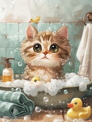 A playful cat enjoying a bubble bath, surrounded by spa essentials like towels, shampoo, and rubber ducks Watercolor, Soft pastel colors, Flat shapes
