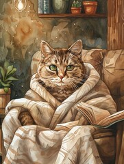 A small cat wrapped in a spa robe, sitting on a comfortable chair in a beautifully decorated pet spa with soothing lights Watercolor, Soft colors, Flat shapes