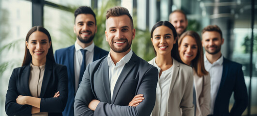 Portrait of group business people standing together in the office, happy teamwork looking at camera