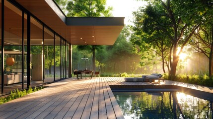 Fototapeta premium A modern house with a wooden terrace and outdoor pool, There is an open space for relaxation on the deck and a lounge area near the swimming pool.