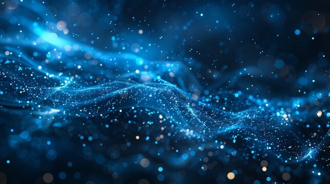 Abstract blue digital wave with glowing particles on a dark background.  Perfect for technology, science, or futuristic concepts.
