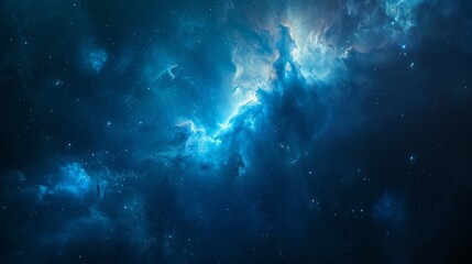 Obraz premium A cosmic nebula glows with an ethereal blue light, surrounded by swirling clouds of gas and dust.