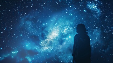 Obraz premium A solitary figure stands silhouetted against a vast, starry night sky, gazing upwards at the celestial wonders above
