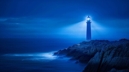 A solitary lighthouse beams its light across the stormy sea at night.