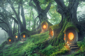 Enchanted forest with trees featuring doors and windows