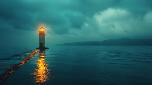 A solitary lighthouse stands tall against a stormy sky, its beacon shining brightly over the dark water.
