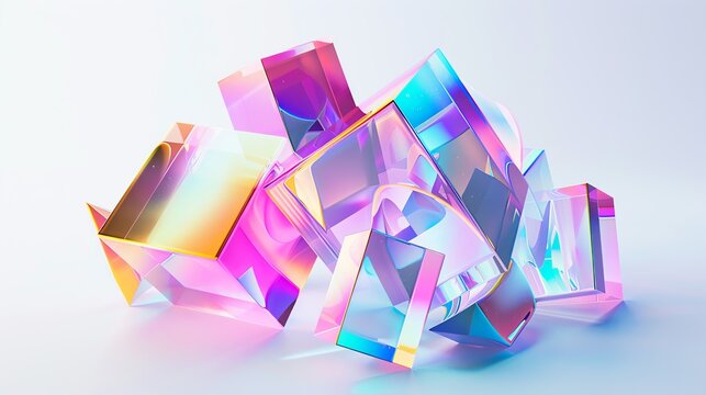 Abstract colorful geometric shapes made of transparent crystals with a holographic gradient effect on a light background.