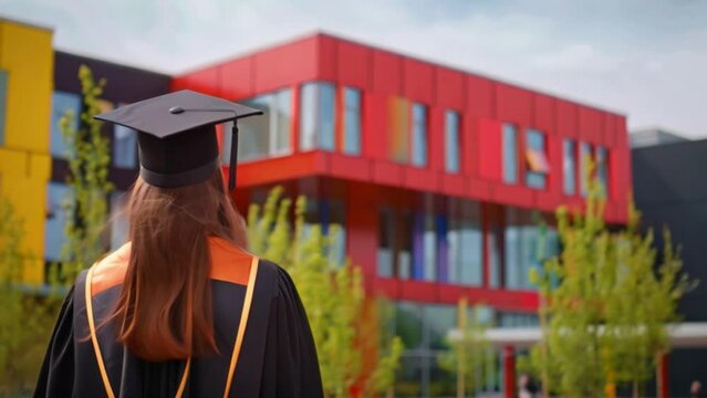 A woman wearing a graduation cap and gown, signifying her completion of a university degree.