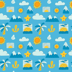 A blue and yellow pattern of mountains, suns, and clouds