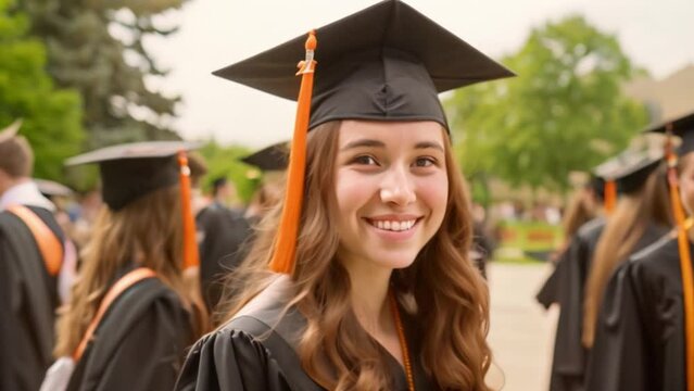 A young graduate smiles at the camera, surrounded by classmates in caps and gowns during a sunny university graduation ceremony.