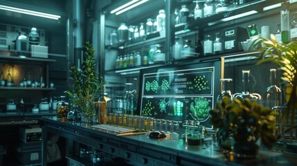 Fototapeta premium Cutting-edge lab creating organic health remedies, featuring holographic displays and sustainable technology