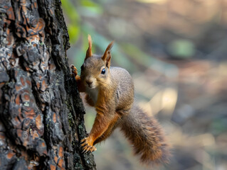 A playful squirrel climbs a tall tree trunk, its fluffy tail and agile movements captivating.