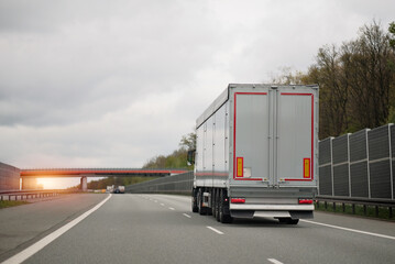 Logistics Shipping Cargo Truck On The Intercity Highway Motorway. Multimodal Intermodal Supply Chain Goods Delivery For Customers