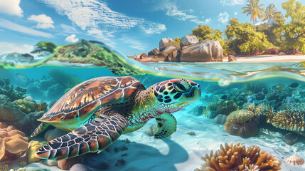 Fototapeta premium Tropical landscape with turtles and sea fishes