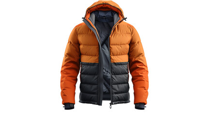 Stylish orange and gray winter jacket with hood. Perfect for outdoor activities and cold weather, providing warmth and comfort.