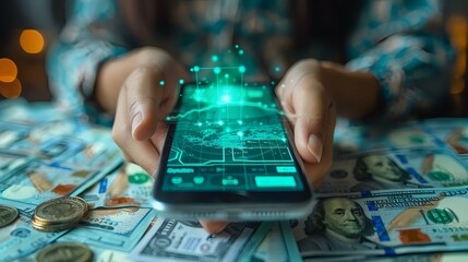 High-tech visualization of financial growth, depicting hands holding a smartphone with a glowing holographic financial graph