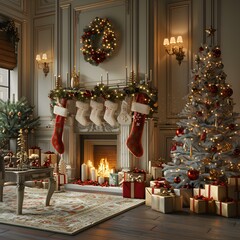 Obraz premium Christmas tree by the fireplace