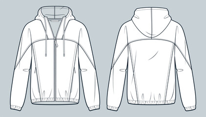 Zipped Jacket technical fashion illustration. Hooded Sweatshirt fashion flat technical drawing template, pockets, relaxed fit, front and back view, white, women, men, unisex Sportswear CAD mockup set. © Liubov Hladka