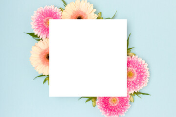 Blank square paper mockup. Frame made of green leaves and gerbera flowers on a blue background.