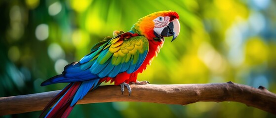 Vibrant parrot perched on tropical branch, bright midday sun, closeup, colorful and lively, rich greens and reds