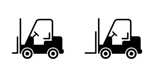 Fork truck or forklift icon. Cartoon forklift truck logo. silhouettes of fork lift truck for operator. For safely lifting and moving heavy objects, unloading, cargo and boxes. Warehouse machine.