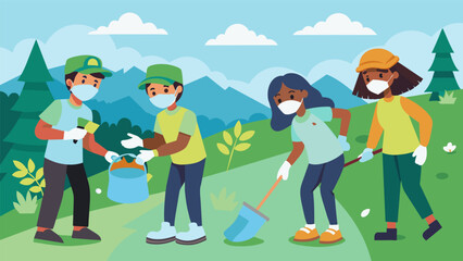 Fototapeta premium Wearing protective gear a group of teenagers worked in unison to remove graffiti and litter from a popular local hiking trail restoring its natural. Vector illustration