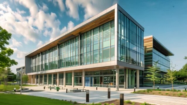 A university building with a multitude of windows showing various classrooms and offices.