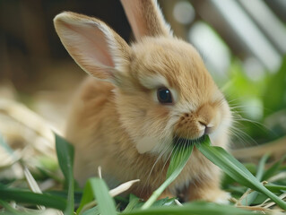 Obraz premium Adorable bunny happily munching on a fresh blade of grass in a sunny field.