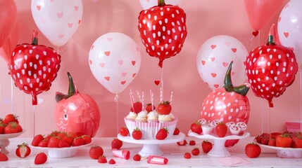 A festive strawberry-themed party table with strawberry-shaped balloons, desserts, and decorations.