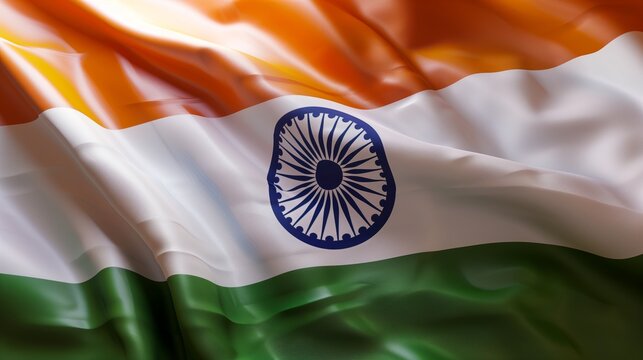 Wavy Indian National Flag with Orange, White, Green Stripes and Ashoka Chakra, Detailed Fabric Texture