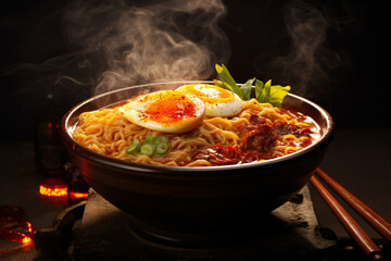 Korean ramen soup, featuring spicy noodles and traditional chopsticks. Perfect for lovers of Asian cuisine