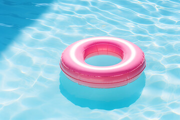 Bright Pink Lifebuoy Pool Float in Clear Blue Swimming Pool, Summer Fun and Relaxation with Vibrant Poolside Leisure