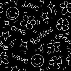 Seamless  black and white emoji  and flowers pattern, doodle, hand drawn, decoration for textile, packaging, wallpaper, background, vector illustration