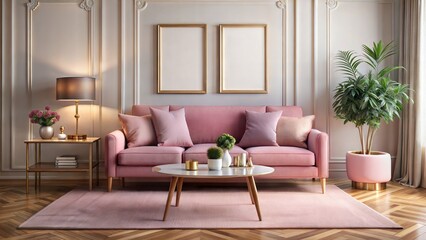 pink sofa, retro wooden table, mock up poster frame, decoration , carpet and personal accessories in elegant home decor