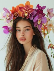 A charming brunette model with sleek, straight hair, decorated with vibrant orchids, posing gracefully with a serene expression against a white background Watercolor, Gentle gradients
