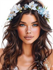 A beautiful bru model with loose waves, adorned with orchid flowers in her hair and on her dress, set against a pure white background Watercolor, Soft pastel tones