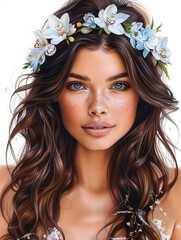 Naklejka premium A beautiful bru model with loose waves, adorned with orchid flowers in her hair and on her dress, set against a pure white background Watercolor, Soft pastel tones