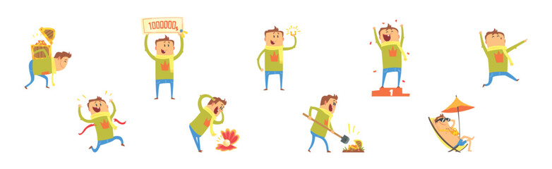 Lucky Man Character Win Fortune Vector Set