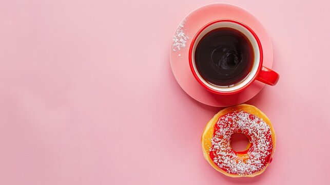 doughnut and red cup of coffee with warm light in the morning. feeling freshness. Generative Ai