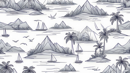 One line drawing tropical oasis island seamless pattern. Abstract landscape background with mountains, sea, coconut palm tree, yacht, birds continuous art. Generative AI