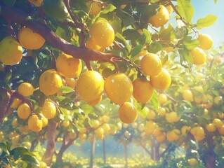 Lemon tree, branches with fruits. Fruit garden. High quality photo. Generated by AI