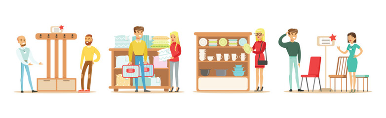 People Character In Furniture Shop Buying Object for House Interior Vector Set