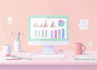 A flat illustration displaying data on an advertising company's computer screen, with colorful graphs and charts in the background