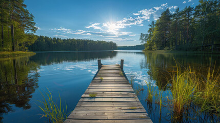 The beauty of a Finnish summer: a rustic wooden pier extends into a tranquil lake, with the sun shining on the surrounding forest and a clear blue sky above.
