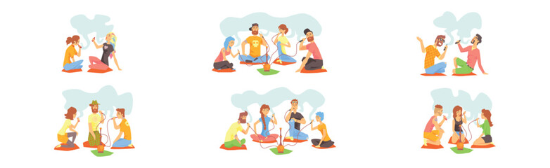 Young Cool People Smoking Hookah And Electronic Cigarettes Vector Set